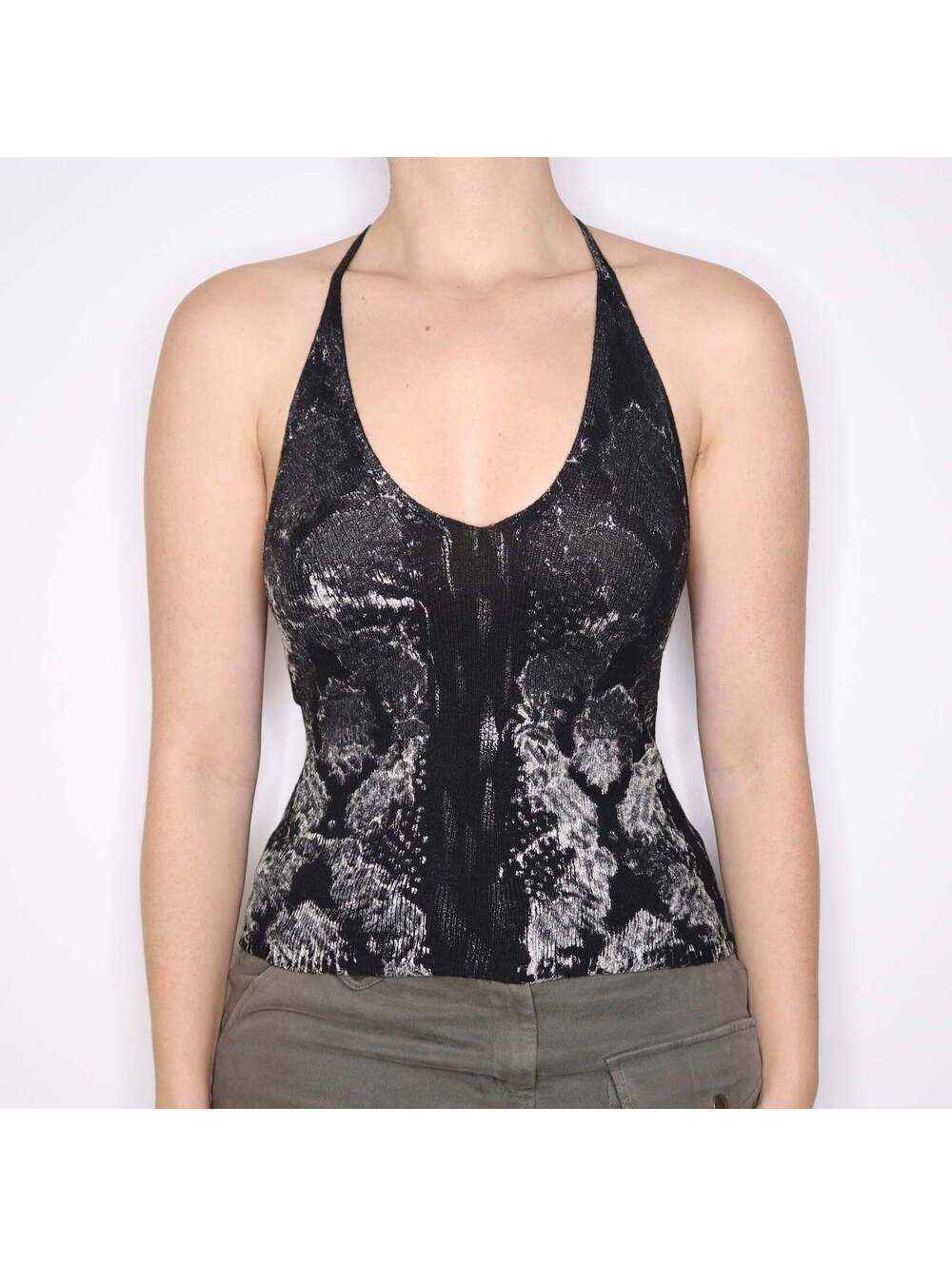 Y2K Italian Black and Silver Painted Halter Top (S)